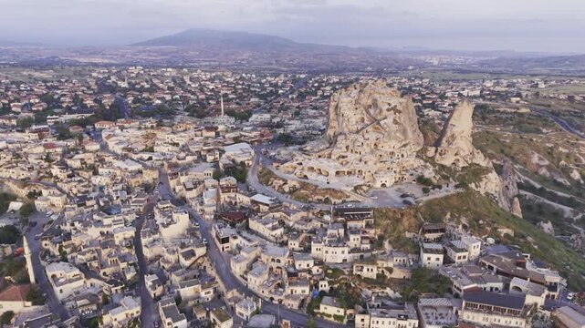 Drone Footage of Uchisar Castle and Goreme View in Cappadocia Nevsehir Turkey with Fairy Chimneys and Scenic Valleys