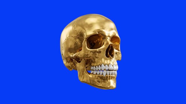 A luxurious 3D render of a metallic golden human skull sporting iced-out diamond grillz on its teeth. Set against a solid chroma key blue screen backdrop, this flashy hip-hop and rap-themed digital as