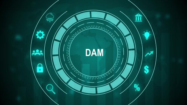 Digital Asset Management DAM Interface with Icons and Data Visualization on Dark Blue Background Keywords: DAM, digital asset management, media management, 4k quality animation video
