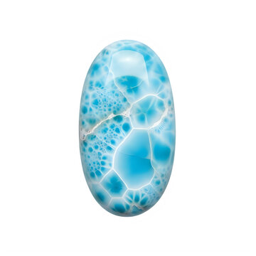Oval shaped polished blue larimar gemstone cabochon on transparent background with single oval precious