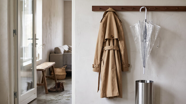 Trench coat and clear umbrella hanging on wall rack in a minimalist mudroom, drying over modern stainless steel umbrella stand