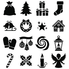 Fototapeta premium Holiday christmas silhouettes of gingerbread house angel santa sack and festive decorations