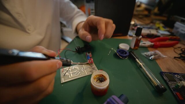 Young adult man soldering electronic components on circuit board with smoking soldering iron. Clip is ideal for hardware engineering, STEM education, and tech repair marketing