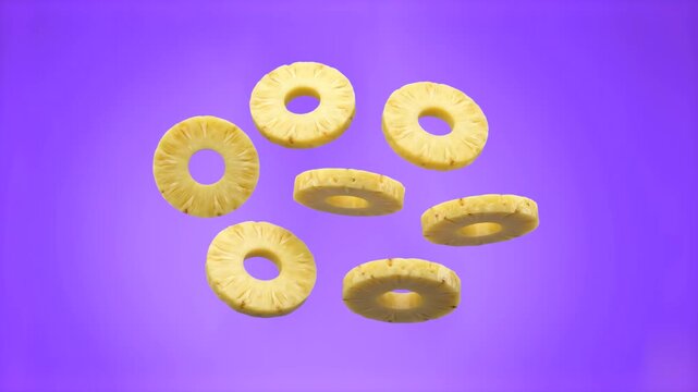 A stylish 3D render showing sliced pineapple rings hovering in the air over a vibrant purple gradient background. Perfect for modern tropical concepts, fruity cocktail ads, summer graphic design, and 