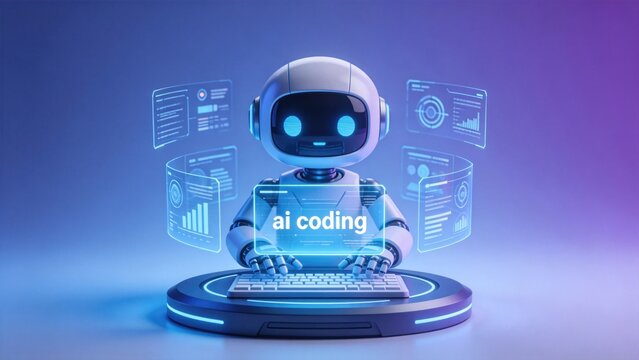 Cute futuristic AI coding robot with digital interface screens, idea for artificial intelligence, software development, and automation background design