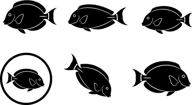 Blue Tang Silhouette Icon Set Black Vector Surgeonfish Collection