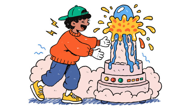 Cartoon man running from exploding cake, colorful illustration, comedic scene, vector graphic