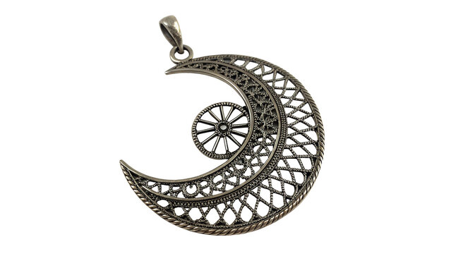 Ornate silver metallic crescent moon shape pendant accessory isolated on a transparent background