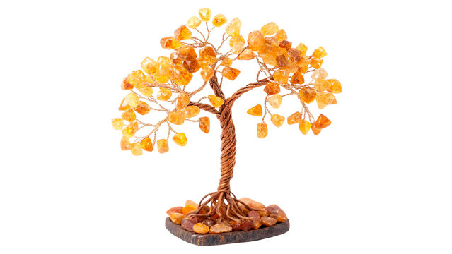 Decorative golden crystal gemstone tree figurine statue ornament isolated on a transparent background