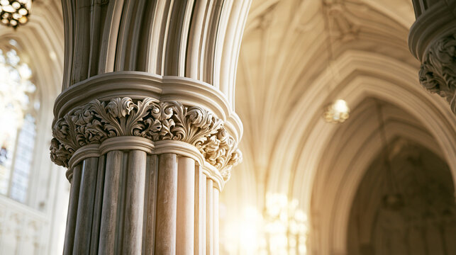 Gothic cathedral entrance with intricately carved stone jambs, soft light.