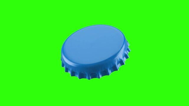 A classic blue metallic crown bottle cap floating dynamically against a bright green screen keying background. Great for beverage branding commercials, soda advertisement overlays, beer promos, and pr