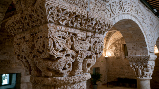 Gothic cathedral entrance with intricately carved stone jambs, soft light.