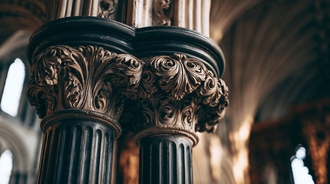Gothic cathedral entrance with intricately carved stone jambs, soft light.