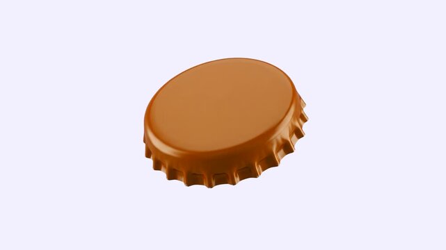 A brown metallic crown bottle cap rotates slowly in a high-quality 3D loop against a clean white backdrop. This product mockup is ideal for beverage marketing, brewery commercials, soda branding, and 