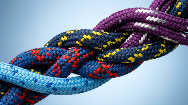 Intertwined colorful climbing ropes in a tight knot, braided nautical cords representing teamwork and strength, secure connection of multi-colored nylon ropes