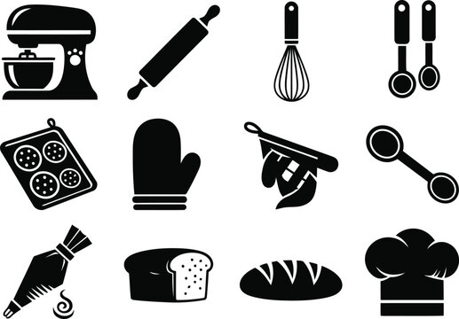 Baking and cooking icons set with mixer rolling pin whisk spoons oven mitts baking sheet loaf bread cake.