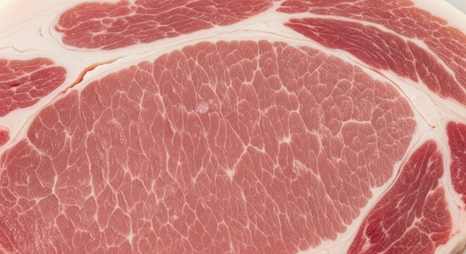 Raw Pork Chop Close-up: Marbled Meat Texture, White Fat, Food Background.