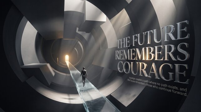 The future remembers courage conceptual illustration with figure in light tunnel