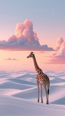 Fototapeta premium Minimalist Surreal Giraffe Standing in a White Desert with Rolling Sand Dunes Beneath a Colorful Pastel Sky, Luxury Editorial Illustration with Elegant Copy Space for Premium Advertising