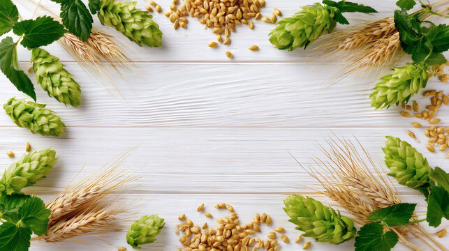 Fresh green hops, barley ears, and malt grains on a white wooden background. Perfect brewing ingredients composition with copy space for craft beer concepts.