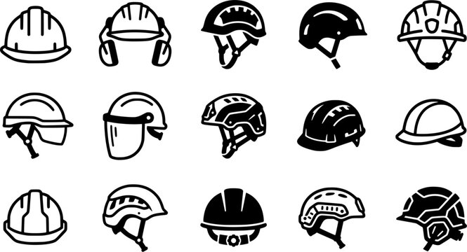 Set of Industrial Safety Helmet Silhouette Icons Isolated on White Background &ndash; Black Construction Hard Hat Vector Collection for Worker Protection and Engineering Design