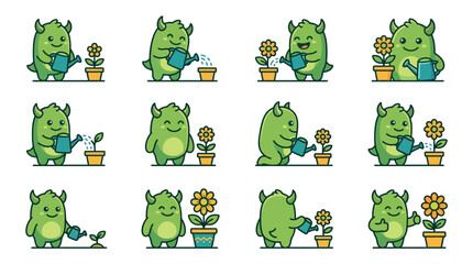 Minimalist Green Cartoon Gnome Characters Watering Colorful Flowers in Pots Wholesome Gardening Set © Ria
