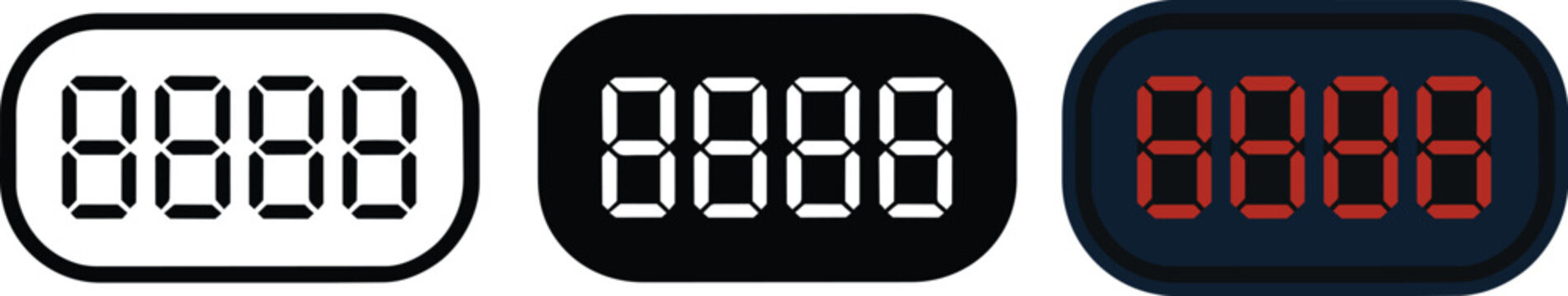 Digital seven-segment display screen icons, electronic clock or calculator numeric templates with black, white and red illuminated segments