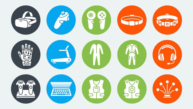 Modern virtual reality equipment icons featuring playstation controller vector style graphics and wearable haptic gear