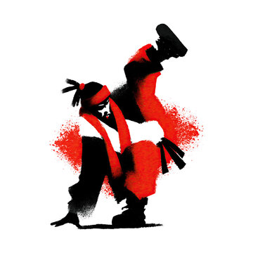 Art of breakdancing shows dancer on one hand with a red and black design in the background