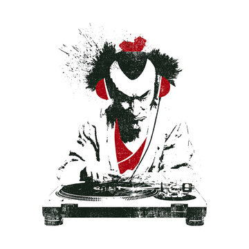 DJ mixes music while wearing headphones and focused on turntables in a creative design