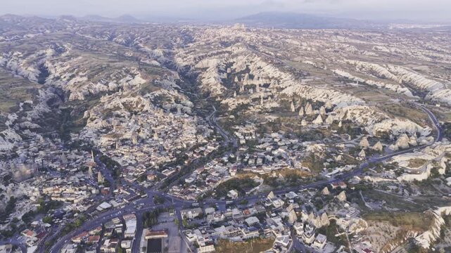 Drone Footage of Uchisar Castle and Goreme View in Cappadocia Nevsehir Turkey with Fairy Chimneys and Scenic Valleys