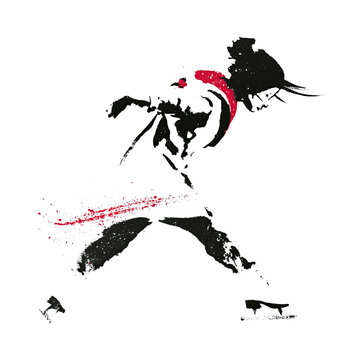 Running figure in black and red shows movement and action in a simple artistic style