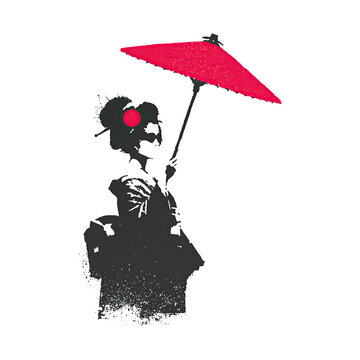 Woman holding a red umbrella stands against a white background in a simple, elegant pose