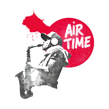 Saxophonist performs on stage during a live music event with bold graphic design