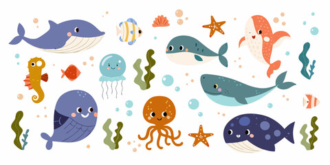 Cartoon Style Sea Creatures Including Whale Octopus And Starfish © Bablu