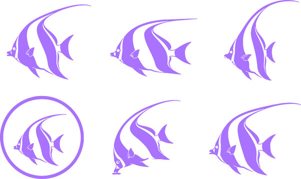 Longfin Bannerfish Black Silhouette Icon Set Marine Fish Vector Collection