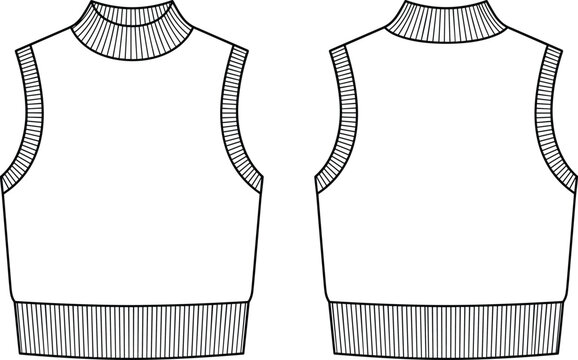 Technical Flat Sketch of Sleeveless Knit Top with Ribbed Mock Neck, Armholes, and Waistband