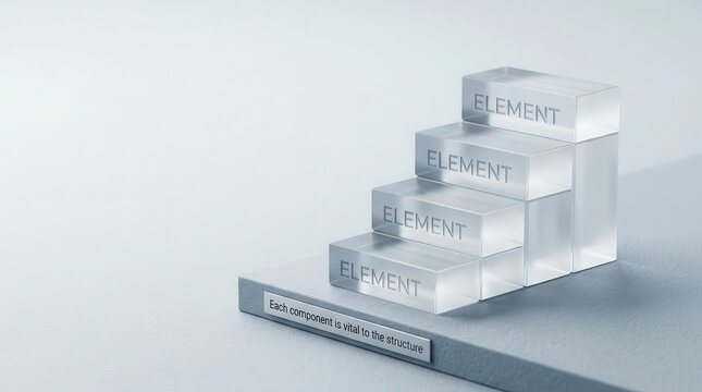 Clear glass blocks stacked in ascending steps showing elements