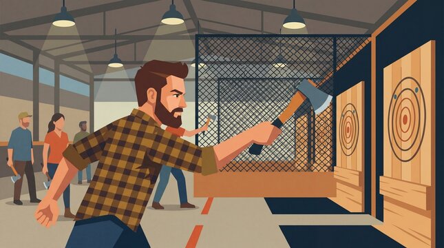 Man throwing axe at target in indoor axe throwing venue for recreational activity