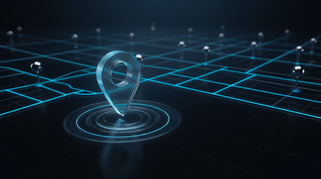 Glowing glass location pin icon centered on a digital grid map with metallic markers floating above a dark futuristic surface representing navigation technology and global positioning systems for mode
