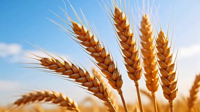 Golden wheat ears against blue sky