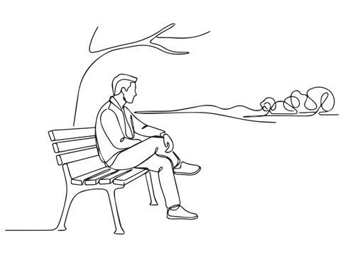 Minimalist continuous line drawing of a pensive young man sitting on a wooden park bench under a tree 61