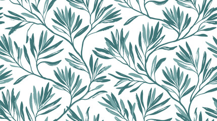 Fototapeta premium Elegant Hand Drawn Botanical Pattern Featuring Fluid Teal Leafy Foliage Branches in a Seamless Nature Inspired Organic Texture Design