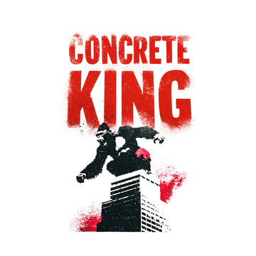 Man jumps from building with concrete king artwork and red letters on white background