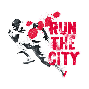 Run the city sports event showing a runner in motion against a graphic background