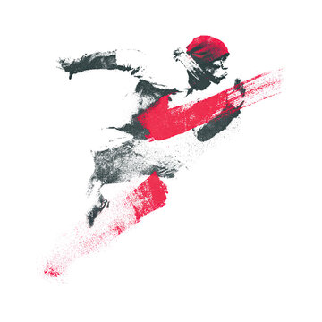 Runner in motion with red and black brush strokes showing speed in a dynamic scene