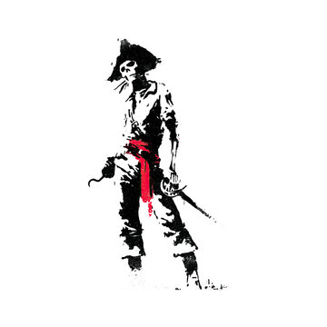 Pirate stands with a sword in hand and a red sash around his waist on a simple background