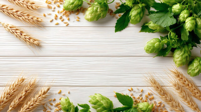 Hop cones and wheat ears with grains on a light wooden background. Brewing ingredients, natural agricultural products. Top view, copy space.
