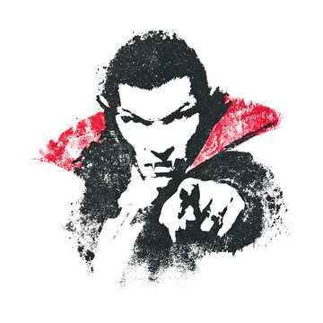 Dracula character in black and white with red cape pointing forward