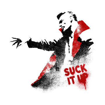 Street art of a man with a bold phrase in red on a white background showing a strong attitude toward life